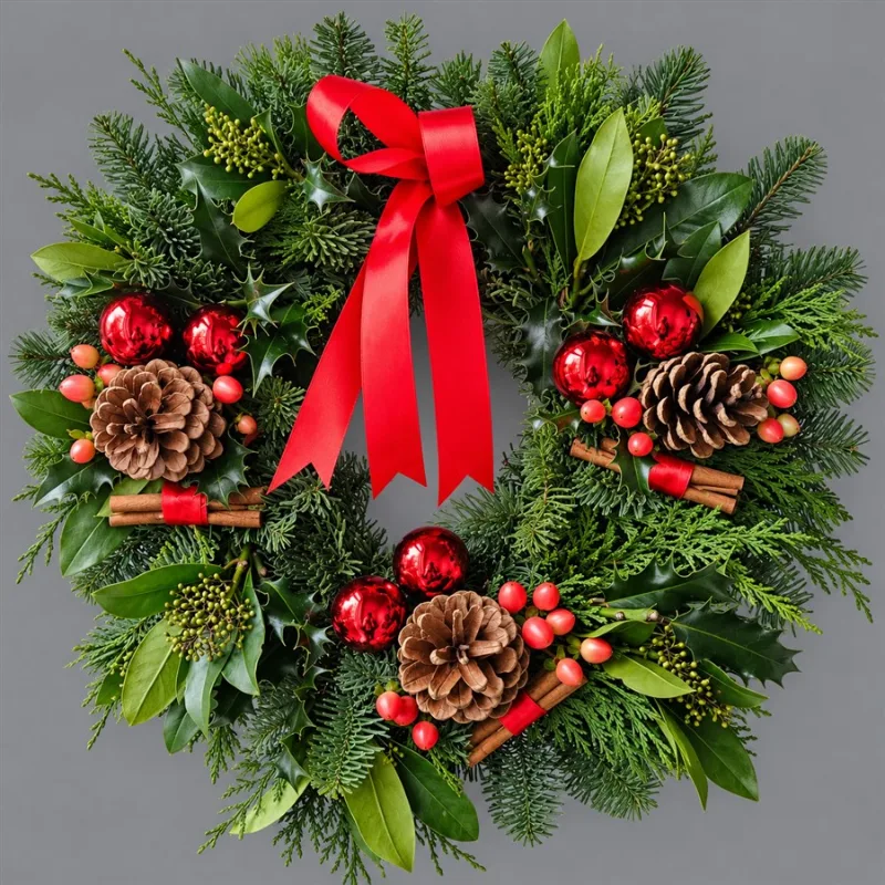 Cinnamon Kiss — A traditional Christmas wreath bursting with festive charm. Crafted from fragrant blue spruce, lush