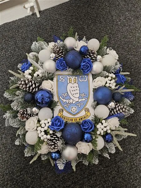 Artificial SWFC Christmas Wreath — A stunning handmade wreath crafted on a high-quality artificial base, featuring layers of blue and w