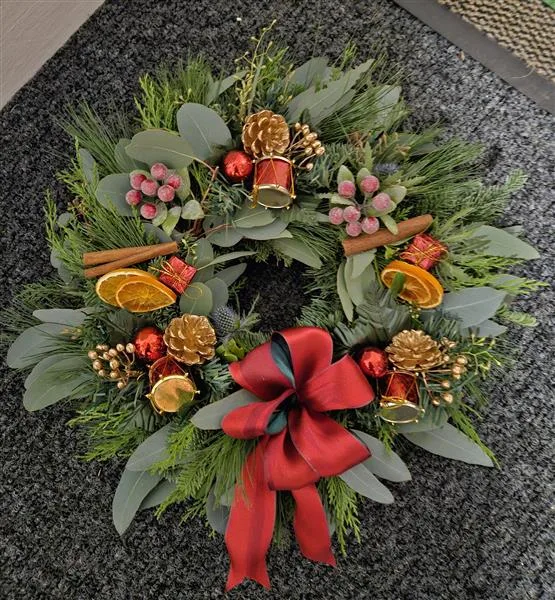 Drums, Parcels & Cinnamon Fresh Christmas Wreath — Celebrate the season with this beautifully handcrafted luxury Christmas wreath, made from a luxuriou