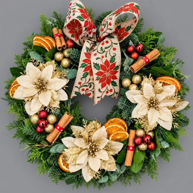 Gold Poinsettia Christmas Wreath — A luxurious handcrafted wreath made on a natural moss base, featuring a fragrant blend of blue spruc