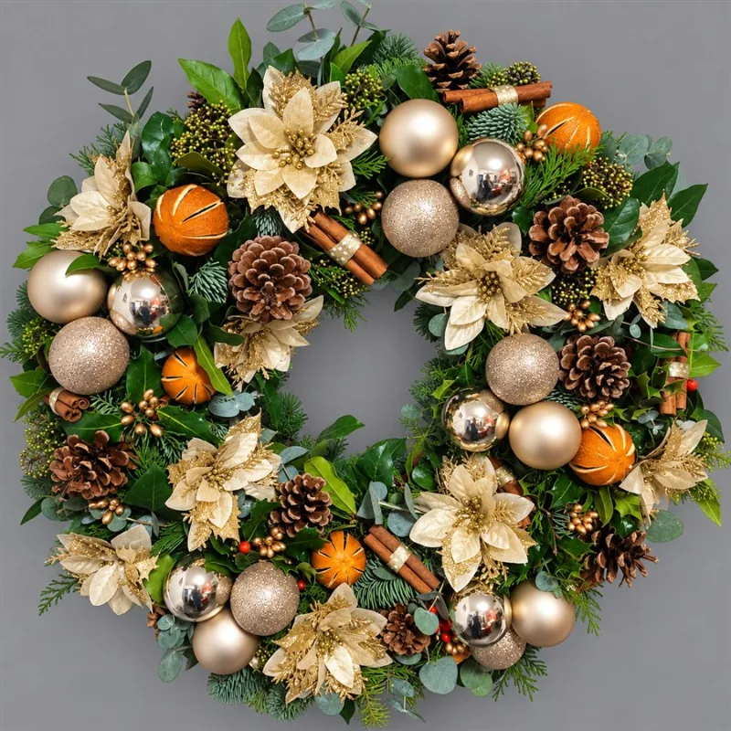 Luxury Christmas Wreath — A sumptuous festive wreath brimming with warmth and elegance. Featuring fragrant dried oranges and c