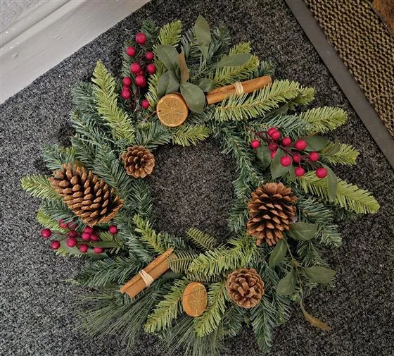 Luxury Artificial Fruit & Pine Christmas Wreath — A stunning handcrafted artificial fruit wreath featuring lush Christmas pine branches woven into a f