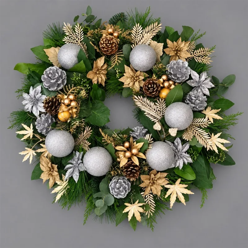 Luxury Gold & Silver Christmas Wreath — A stunning, opulent Christmas wreath crafted from a rich blend of seasonal foliages. This luxurious