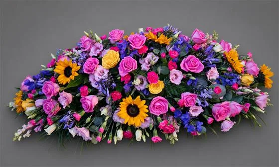 Bright & Colourful Casket Spray — Bold and bright textured flowers and foliages create this vibrant casket spray Please allow 2 workin