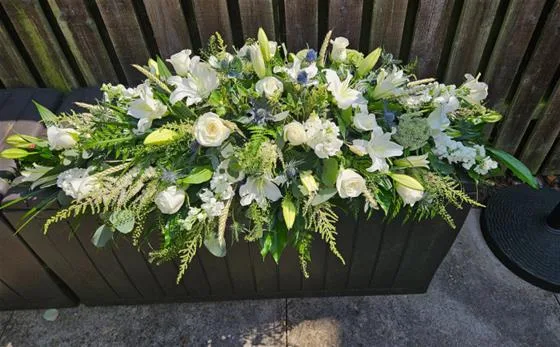 Oriental Lily and Roses Mixed Casket Spray — Double ended spray of oriental lilies, Ivory Roses, Astilbe, Thistle and other complementary flowers
