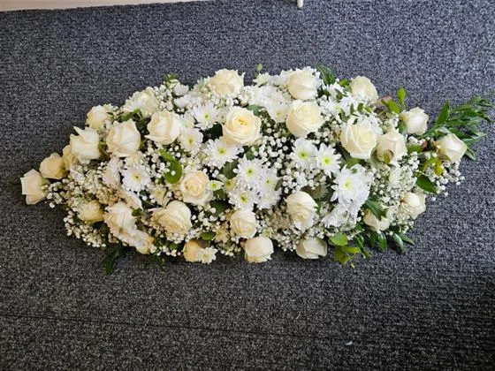 White Casket Spray — Mix Casket Spray of White Avalanche Roses, Gypsophila and White Double Chrysanthemums and mixed foli