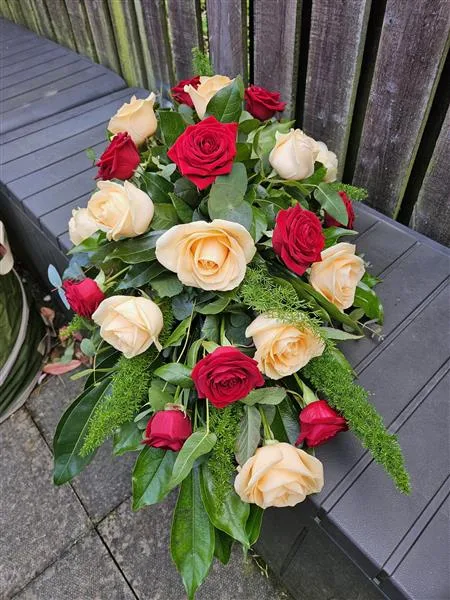 Red & Peach Rose Teardrop — Single Ended Teardrop Spray of 12 Red Roses, 12 Peach Roses and mixed foliages Please allow 2 workin