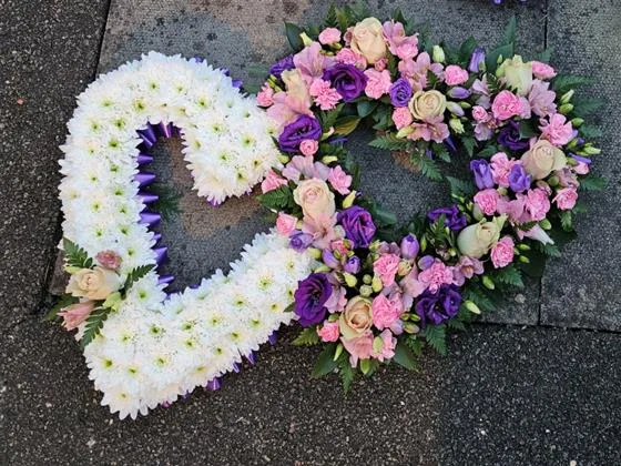 Double Entwined Heart — Double entwined heart white based Chrysanthemums on one side and mixed seasonal flowers on the other