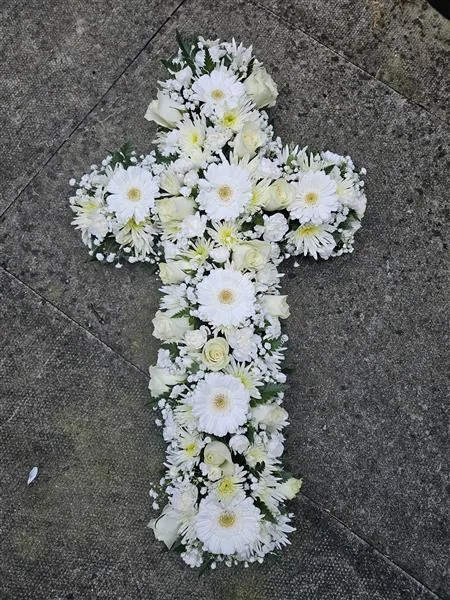 2ft loose floral cross — 2ft cross made in a loose style to include mini gerbera, roses, spray carnations, spider chrysanthem