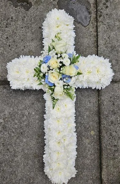 2ft Cross Tribute — A floral cross tribute is a traditional arrangement of flowers shaped into a cross, often used as a