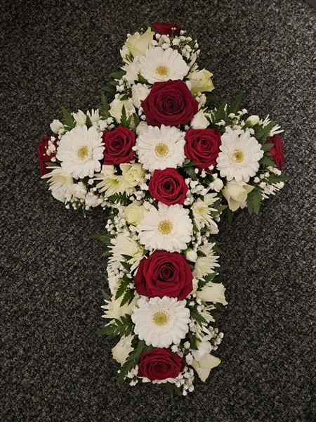Delicate Floral Cross — An open fresh flower cross with beautiful flowers in shades of white. Brimming with fresh white gerb