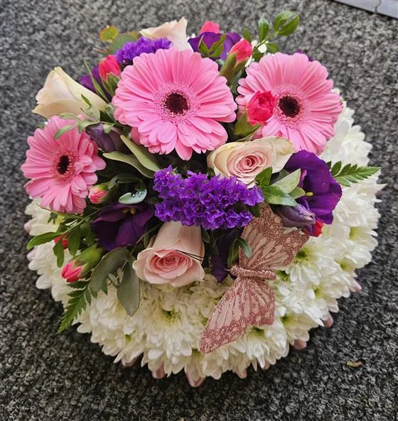 Memorial based posy — Memorial based posy pad with a mix of seasonal flowers, available in various colours. At checkout, p