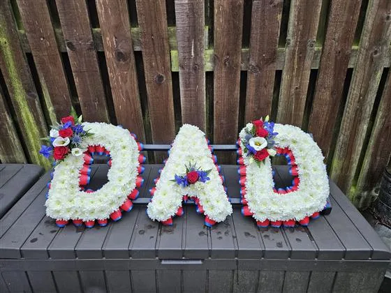 3 Letter Funeral Tribute — Funeral letters Based in white double Chrysanthemums with either a foliage or ribbon edge in a colou