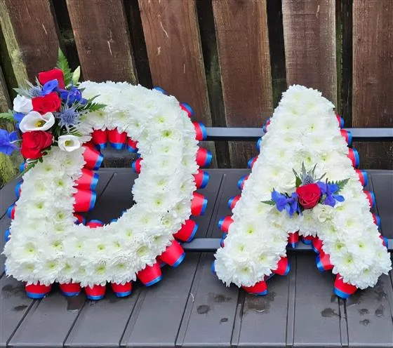 2 Letter Floral Tribute — Funeral letters Based in white double Chrysanthemums with either a foliage or ribbon edge in a colou