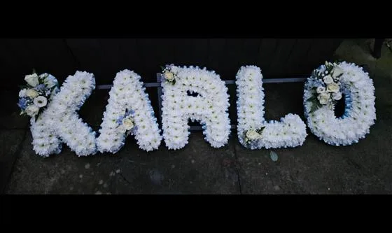5 Letter Funeral Tribute — Funeral letters Based in white double Chrysanthemums with either a foliage or ribbon edge in a colou