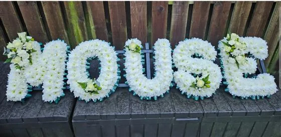 6 Letters Funeral Tribute — Funeral letters Based in white double Chrysanthemums with either a foliage or ribbon edge in a colou