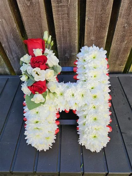 Single Letters — Funeral letters Based in white double Chrysanthemums with either a foliage or ribbon edge in a colou