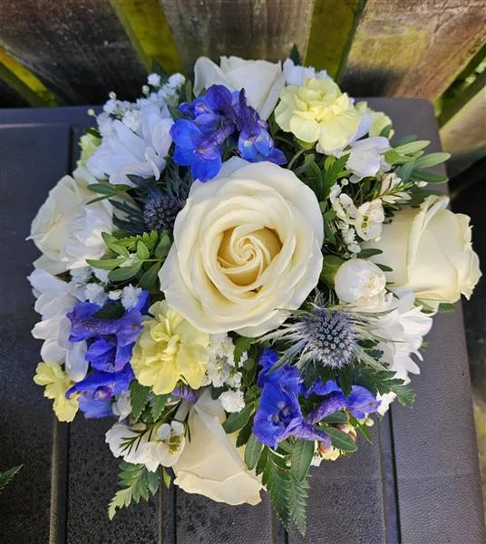 Blue, White and yellow Posy Bowl — Small mixed seasonal flower posy bowl, ideal for a child's grave, or a memorial Our picture shows ou
