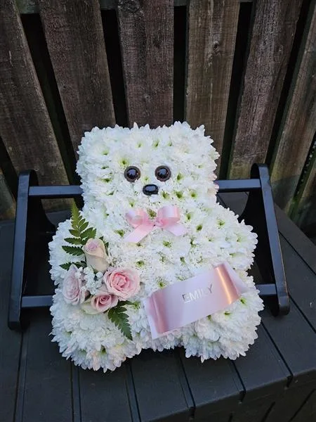 Mini Teddy Bear — A cute tribute for times of sadness and loss, a white chrysanthemum based mini teddy bear design wit