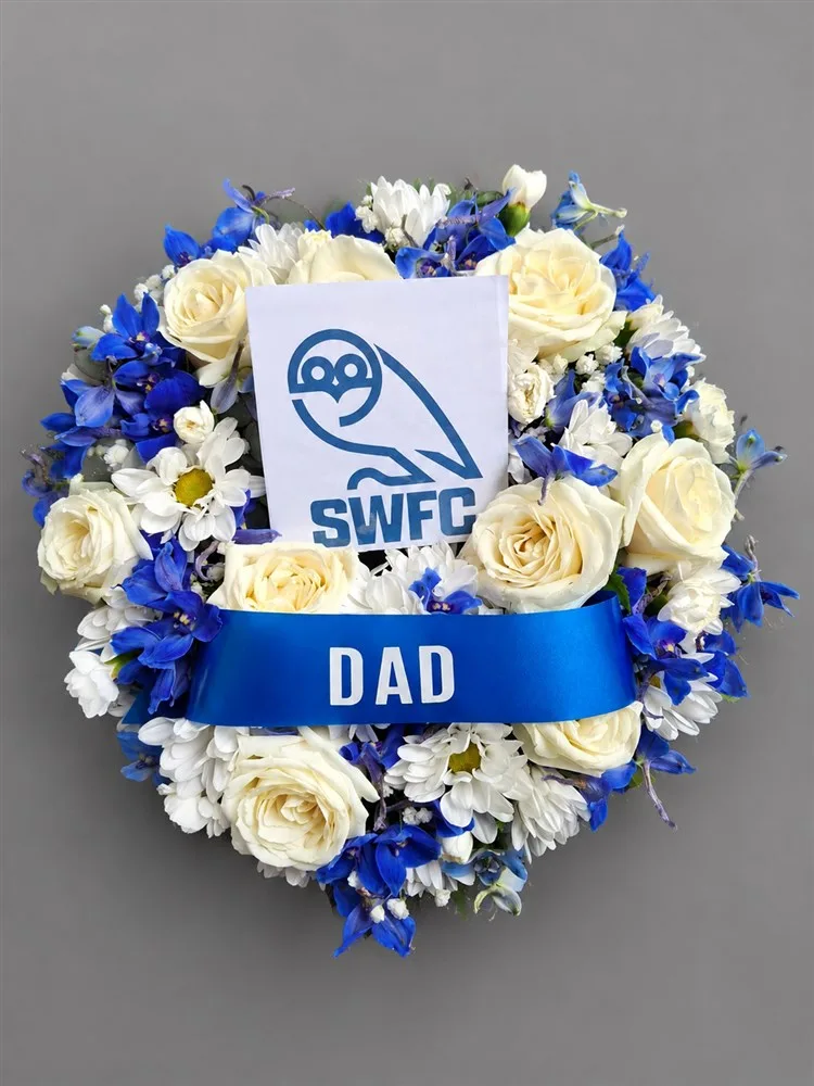 SWFC Floral Wreath — Sheffield Wednesday Floral Wreath made with white roses, blue delphinium and other blue and mixed se