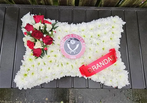 SUFC Pillow — A pillow tribute based in white chrysanthemums with the Sheffield United badge at the centre, a corn