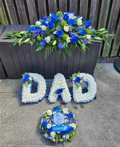SWFC Football Flower Package — SWFC Football Package includes - Any 3 Letter Name ie: Dad, Nan, Bro, Son, Mum etc 12" SWFC Wreath 3
