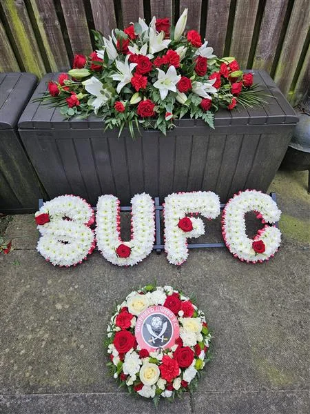 SUFC Funeral Package — 3ft mixed red & white casket spray, featuring white oriental lilies, red roses, red carnations and m