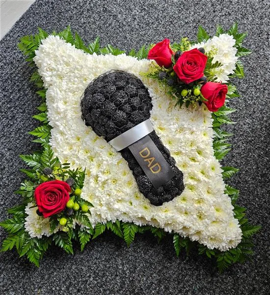 Microphone Bespoke Tribute — Bespoke Microphone Floral Tribute finished with a based background and 2 red rose Corsages. Our pict