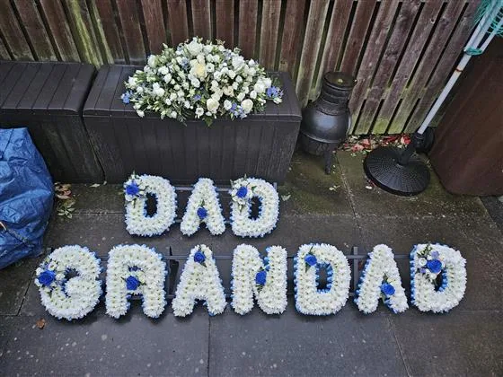 Funeral Package No5 — 3ft casket spray in white and blue seasonal flowers Dad letters - based white chrysanthemums with wh