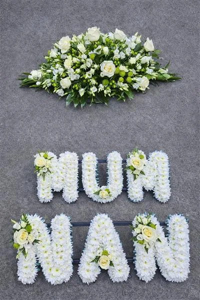 Funeral Package No 6 — 3ft Casket Spray in seasonal white and green flowers and mixed foliages Mum based letters in white a