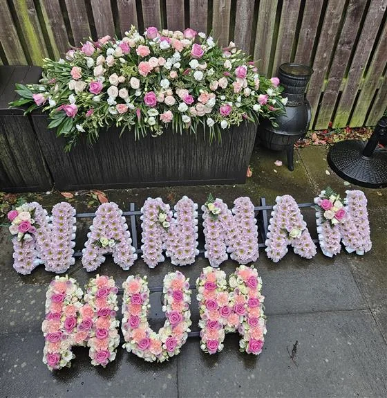 Funeral Package No4 — 5ft Pink & White Delicate Seasonal Casket Spray Nannan letters - based in pink chrysanthemums, with 