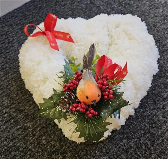 Memorial Based Heart with Robin — An artificial based heart, shown in white with a festive spray of a robin, red berries, a pine cone