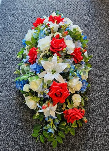 Artificial 3ft Casket Spray — An artificial casket spray is a floral arrangement designed to sit on top of a casket, made using si