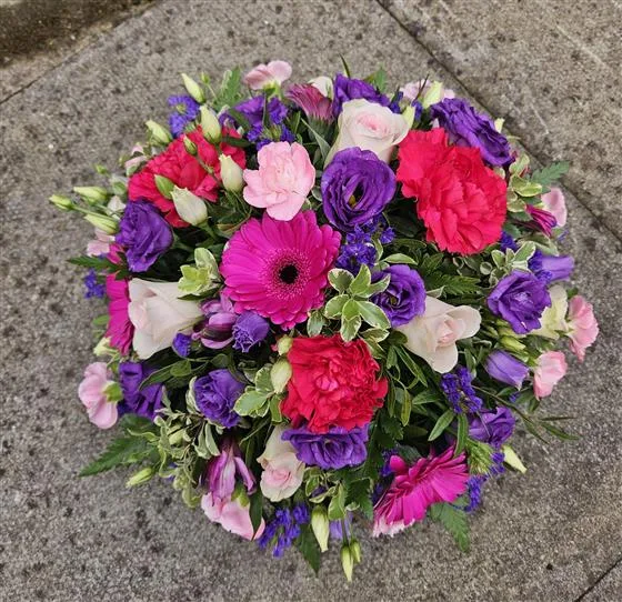 Pinks Seasonal Memorial Posy Arrangement — Seasonal mix of vibrant Pinks and purples memorial posy or grave posy, available in different sizes 