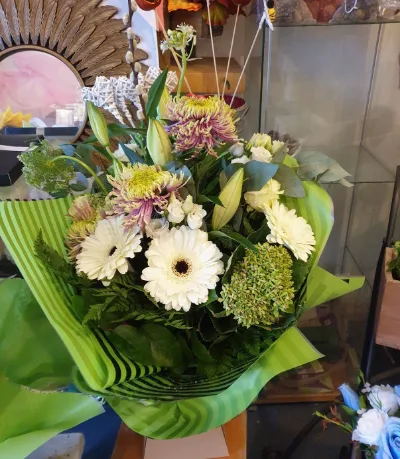The Meadow — White gerberas, hydrangea and fresh greenery with touches of pink.