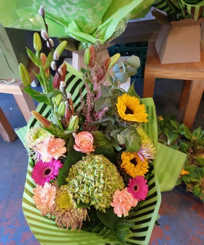 The Countryside — Hydrangea, sunflower, pussy willow and seasonal greens in a natural country style.