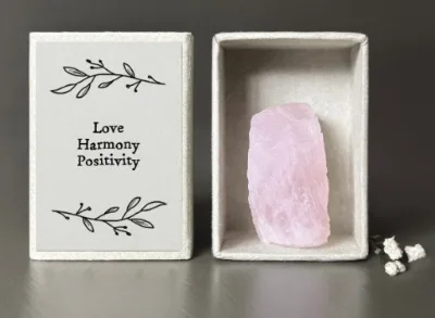 Crystal Matchbox — A little matchbox gift holding a crystal, with a message inside the lid. Choose rose quartz or ameth