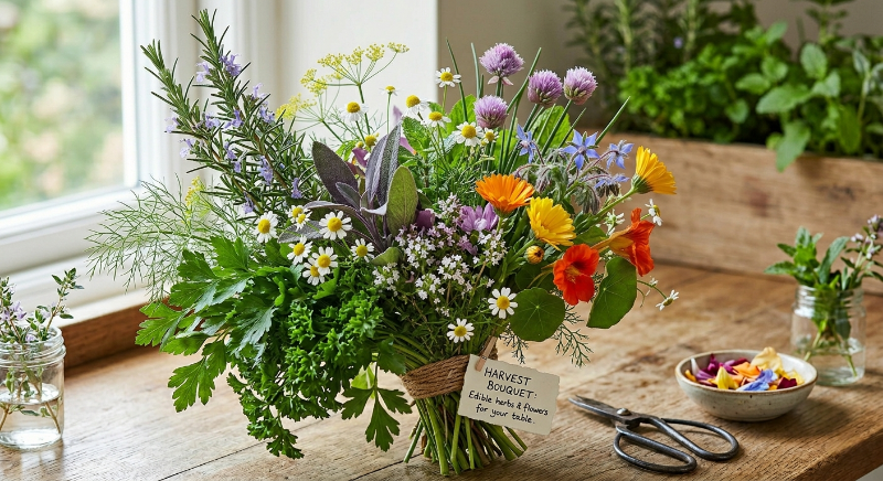 Garden Fresh Edible Handtie  — Blends of Aromatic Herbs & Vibrant Edible Flowers. Seasonal Availability. Includes: Rosemary, Parsle